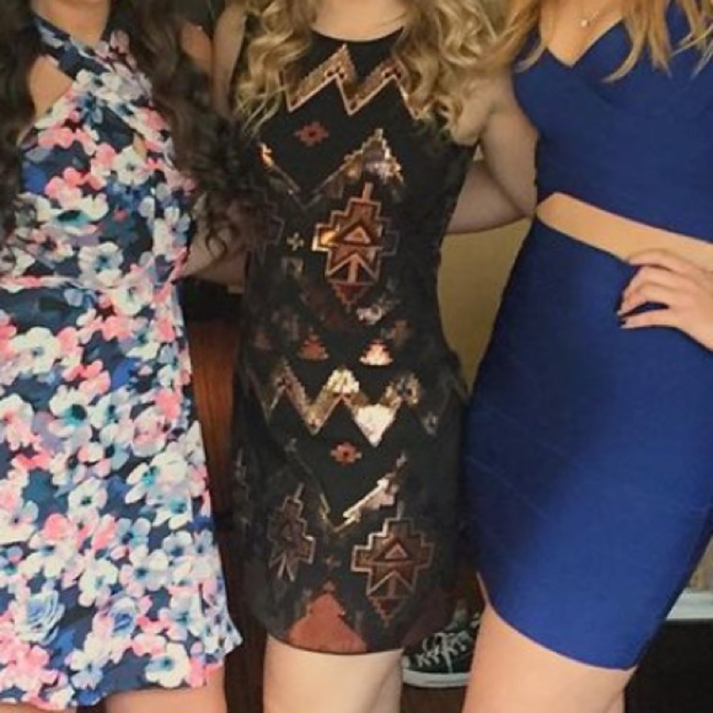 Express Black Mini Dress with Copper Sequin Aztec Pattern